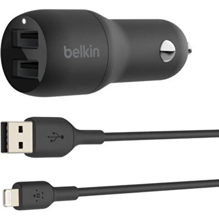 Belkin 24W Hızlı Araç Şarj Cihazı 2 Port USB Siyah+Apple Lightning Kablo